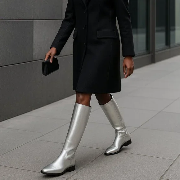 Khaite The Wooster Riding Boots Silver Metallic Leather NWOT - Picture 1 of 15